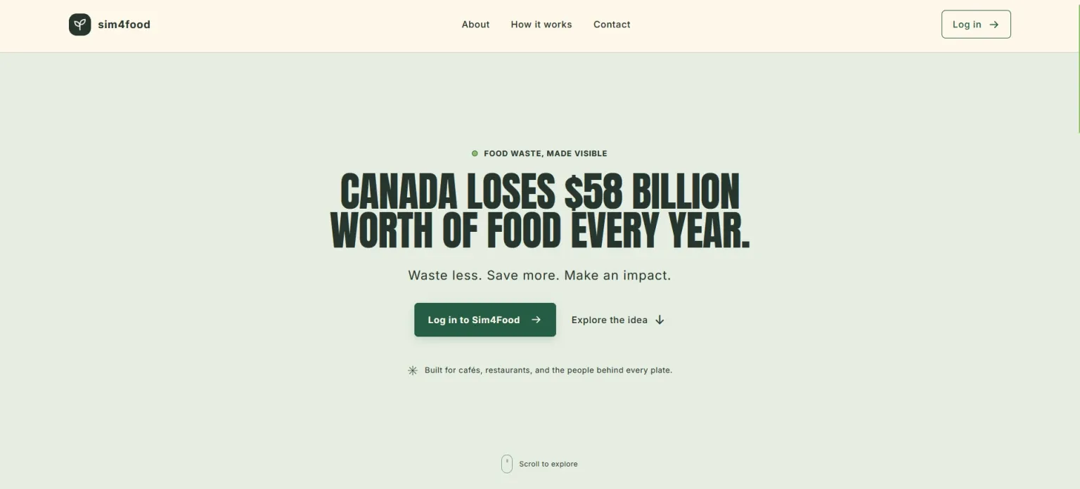 Sim4Food landing page: “Canada loses $58 billion worth of food every year.”